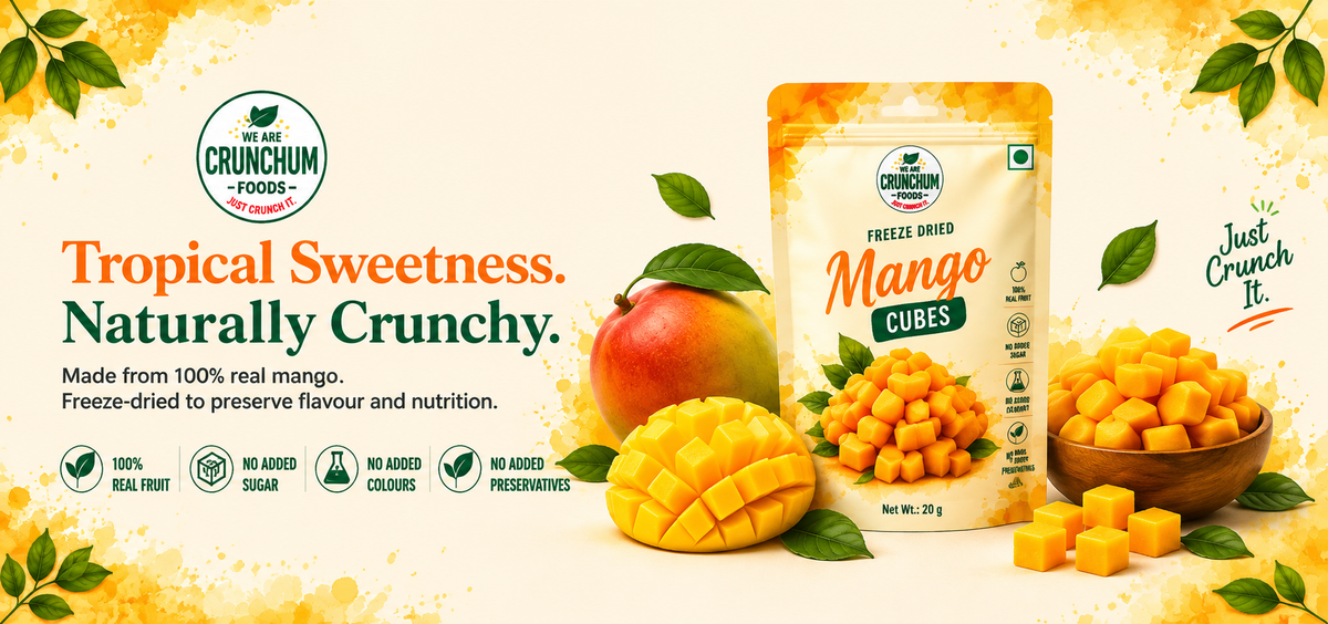 Crunchum Freeze-Dried Mango Cubes — 20g pouch, real fruit, no added sugar