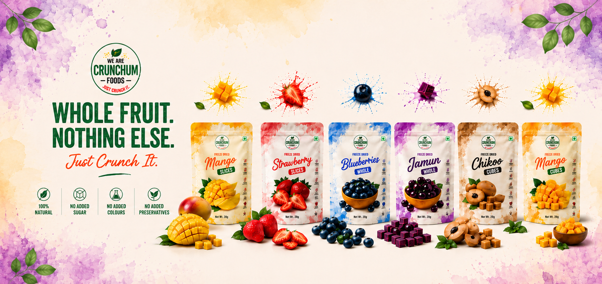 Crunchum Freeze-Dried Snacks banner- real fruit, no added sugar
