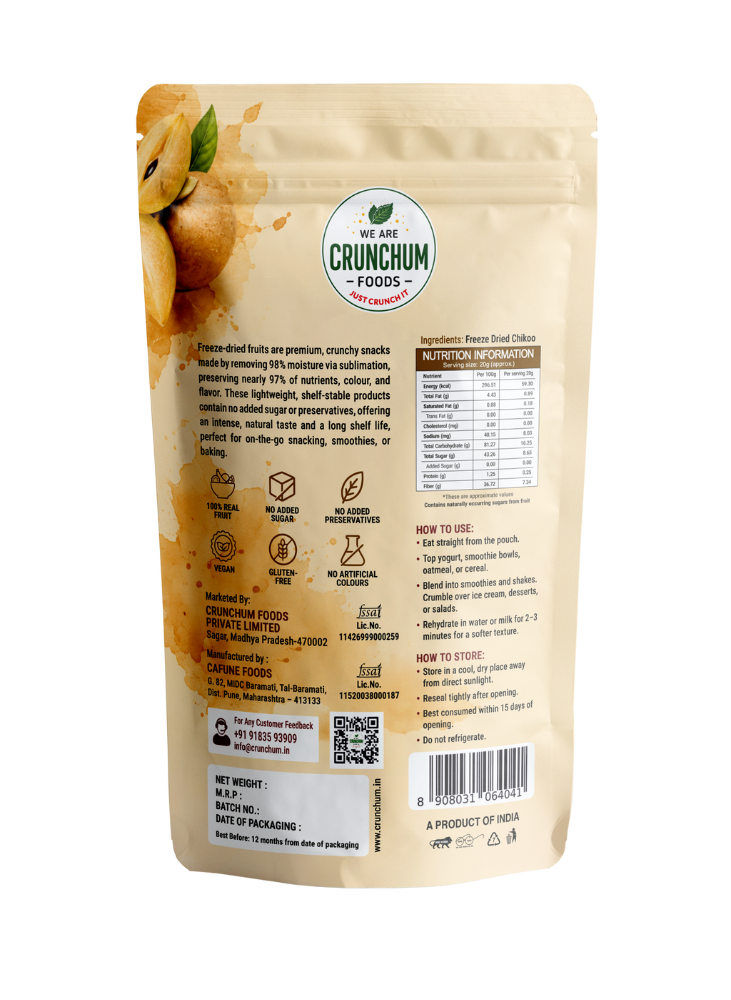 Crunchum Foods Freeze Dried Chikoo Cubes - 20g