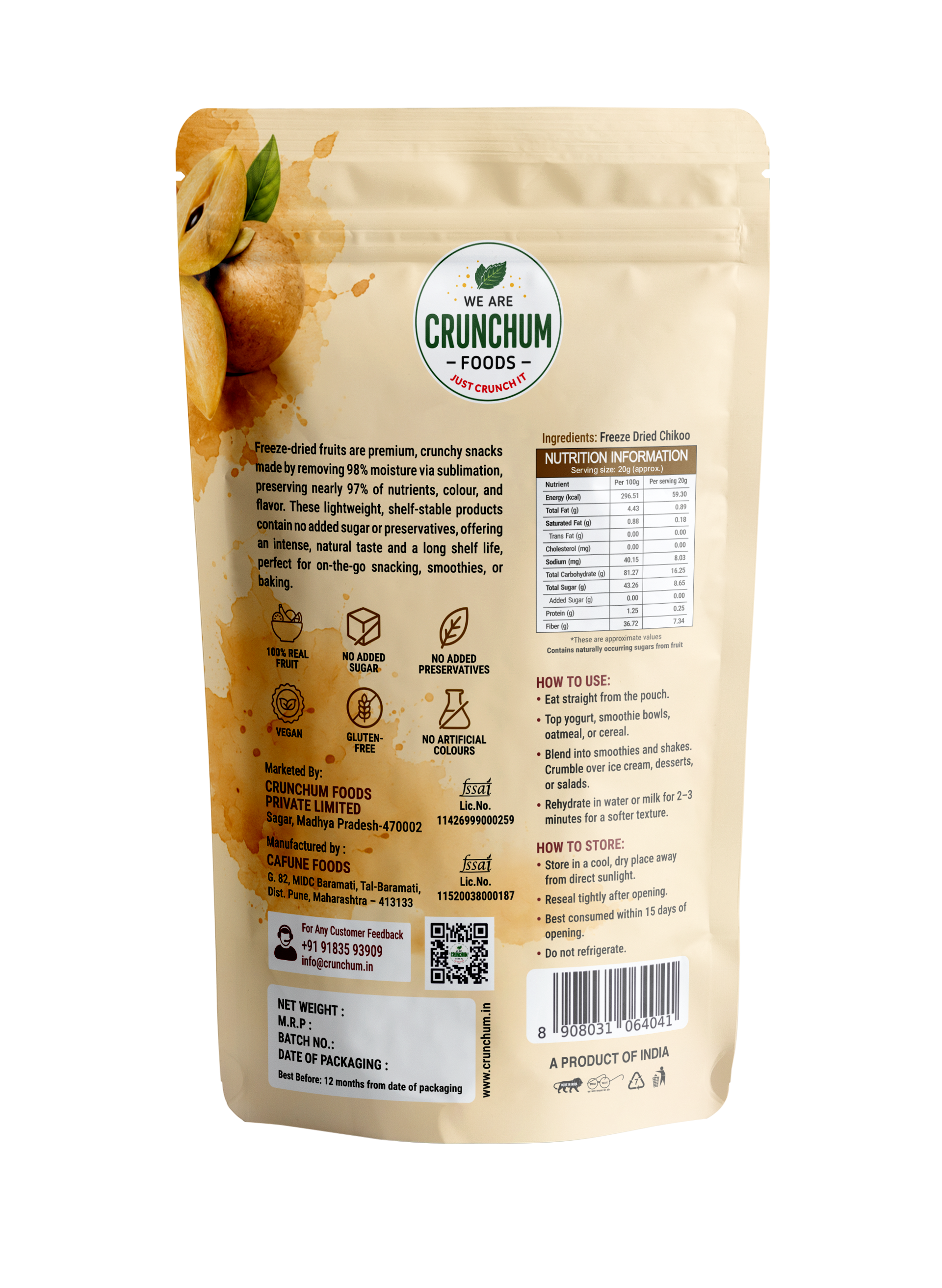 Crunchum Foods Freeze Dried Chikoo Cubes - 20g
