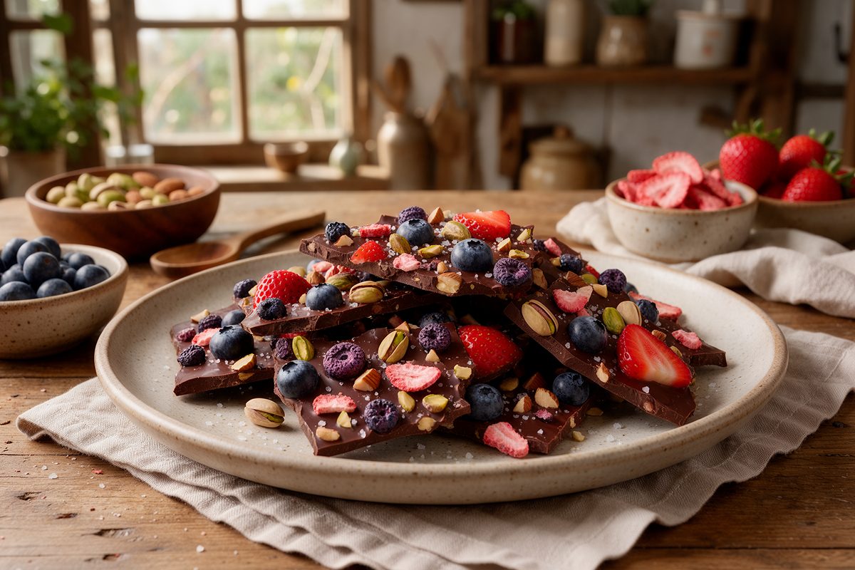 Chocolate bark with pistachios, freeze dried blueberries and strawberries