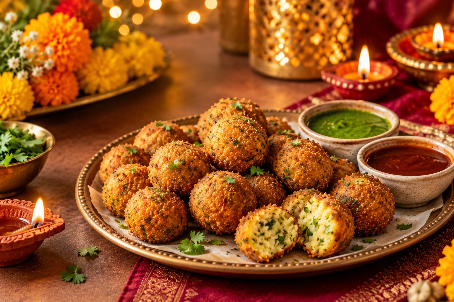 Crispy aloo bites served with mint and tamarind chutney on a Diwali table