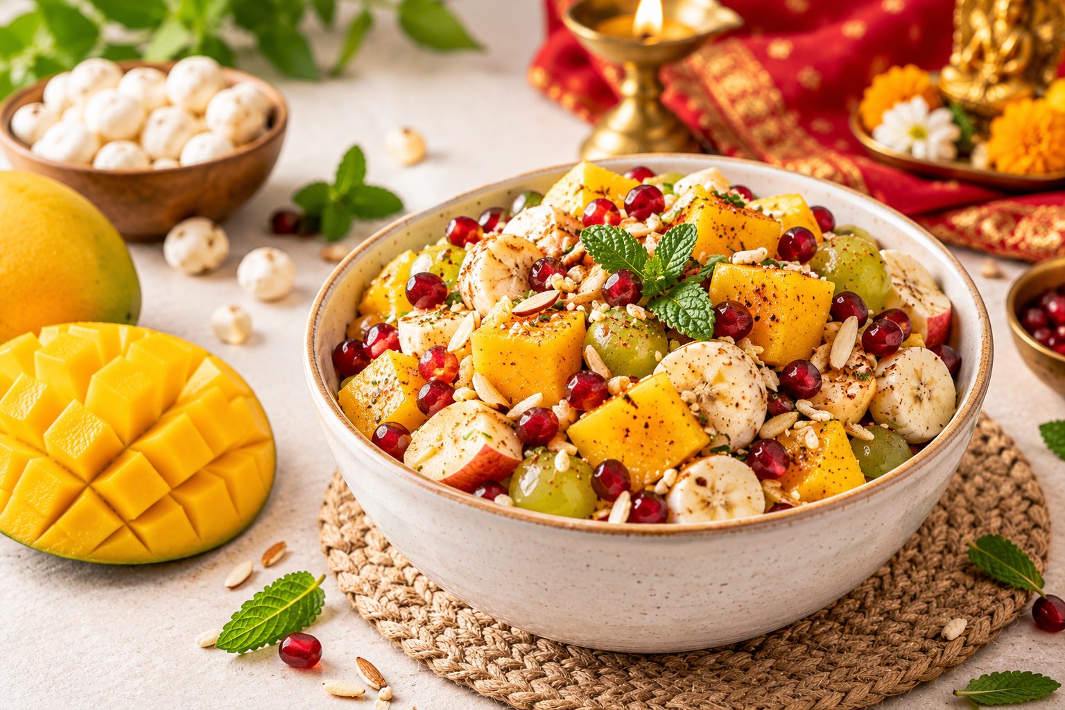 Crunchy falahari fruit chaat topped with freeze dried mango cubes