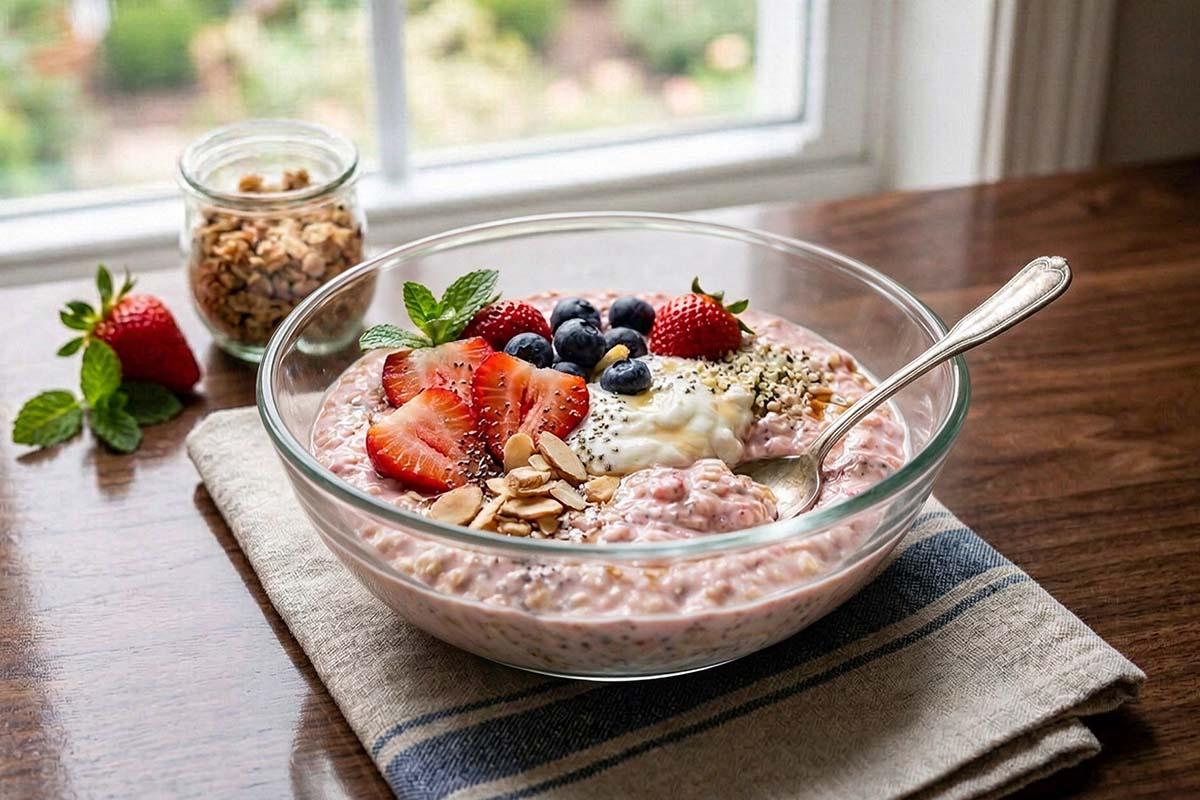 Crunchy strawberry yoghurt bowl topped with granola, banana and freeze dried strawberry slices