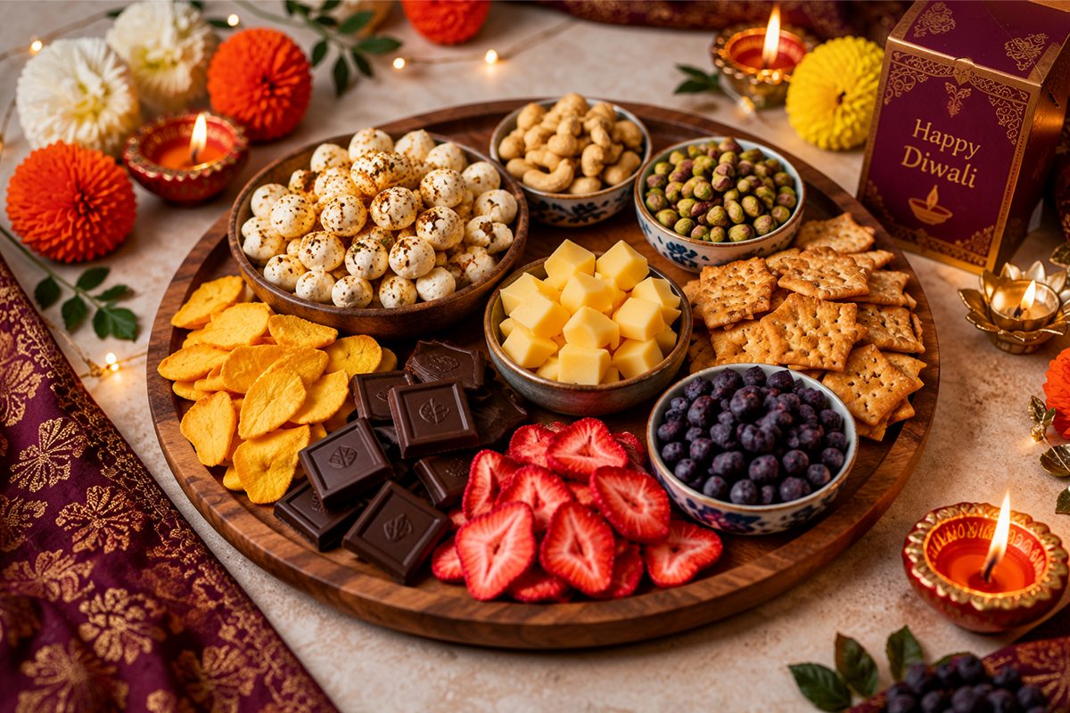 Diwali snack board with makhana, nuts, cheese, chocolate and freeze dried fruit