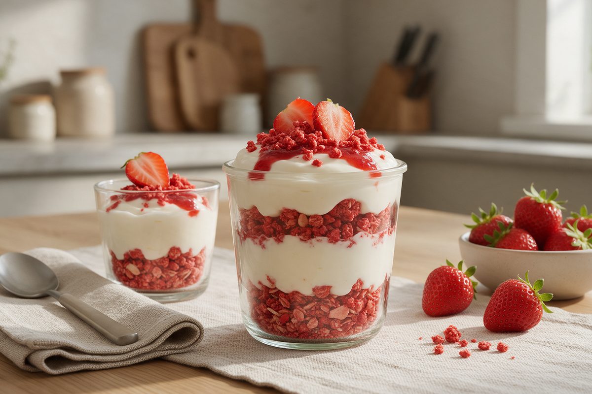 Falahari yoghurt cups layered with nuts, coconut and freeze dried strawberry slices