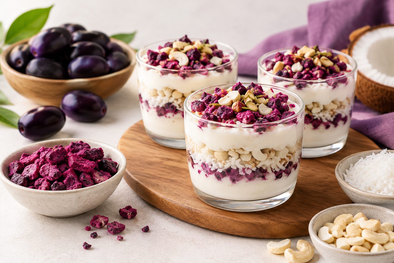 Jamun and coconut yoghurt dessert cups topped with crushed freeze dried jamun