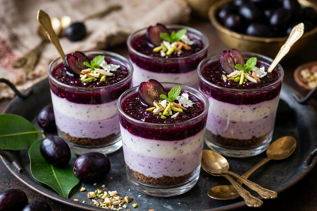 Layered jamun dessert cups with biscuit base, yoghurt and jamun topping