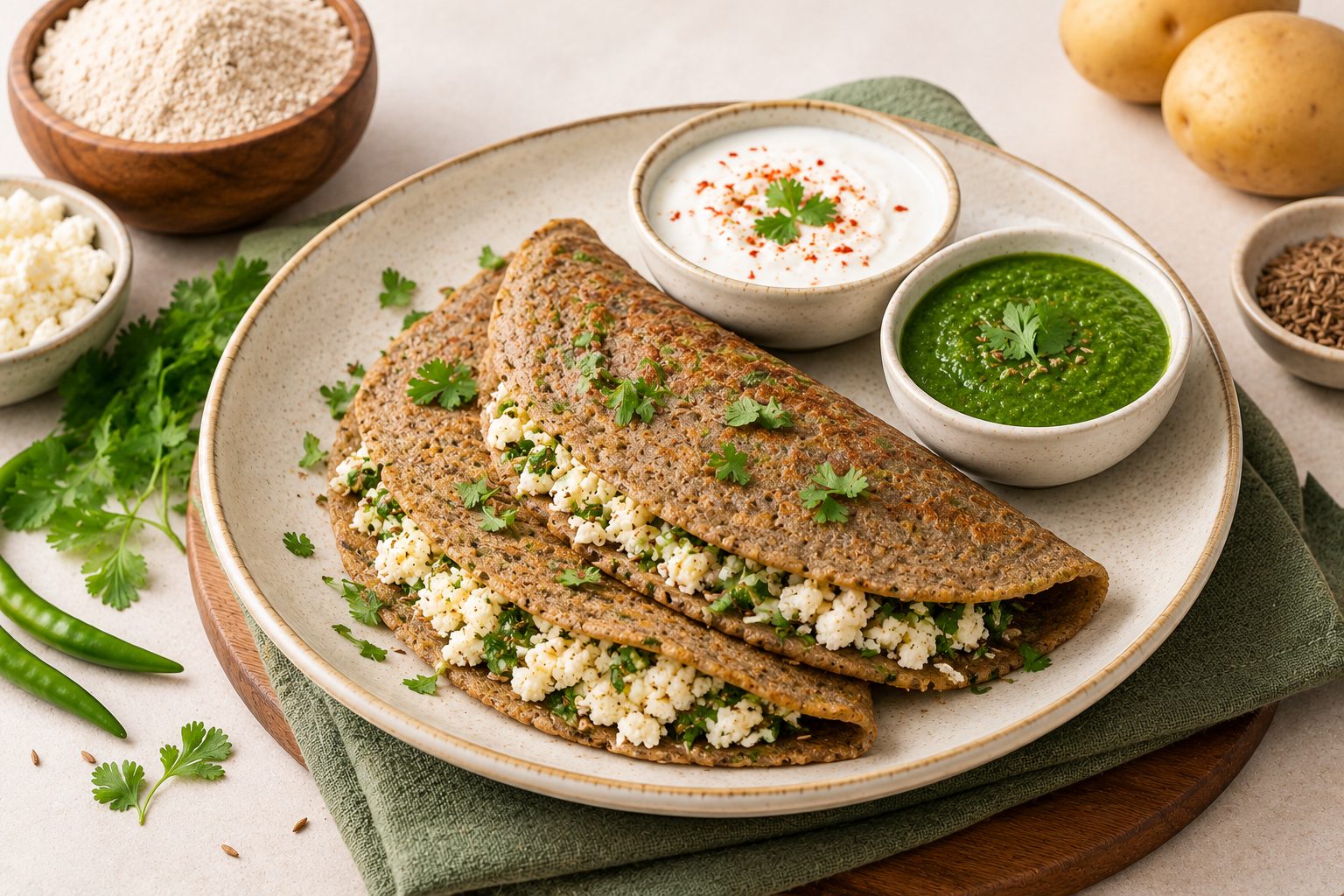 Kuttu chilla stuffed with paneer and coriander, served with yoghurt