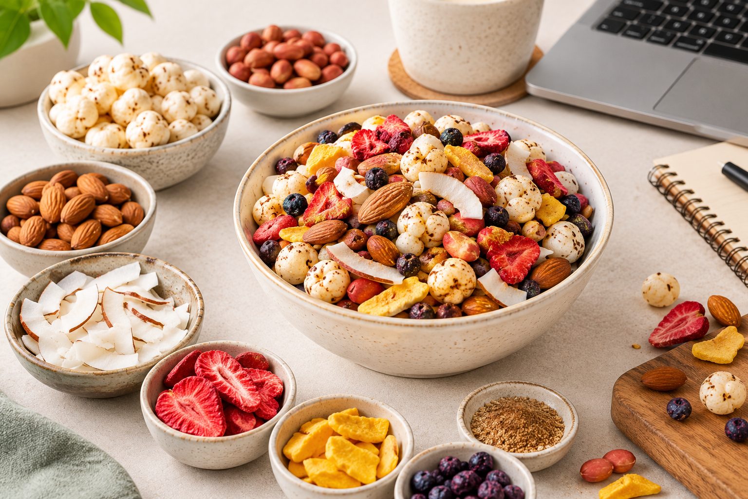 Vrat friendly makhana trail mix with nuts, coconut and freeze dried fruit