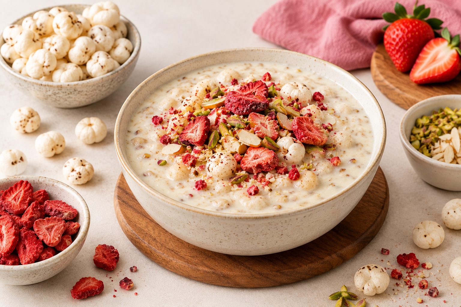 Makhana kheer topped with broken freeze dried strawberry slices