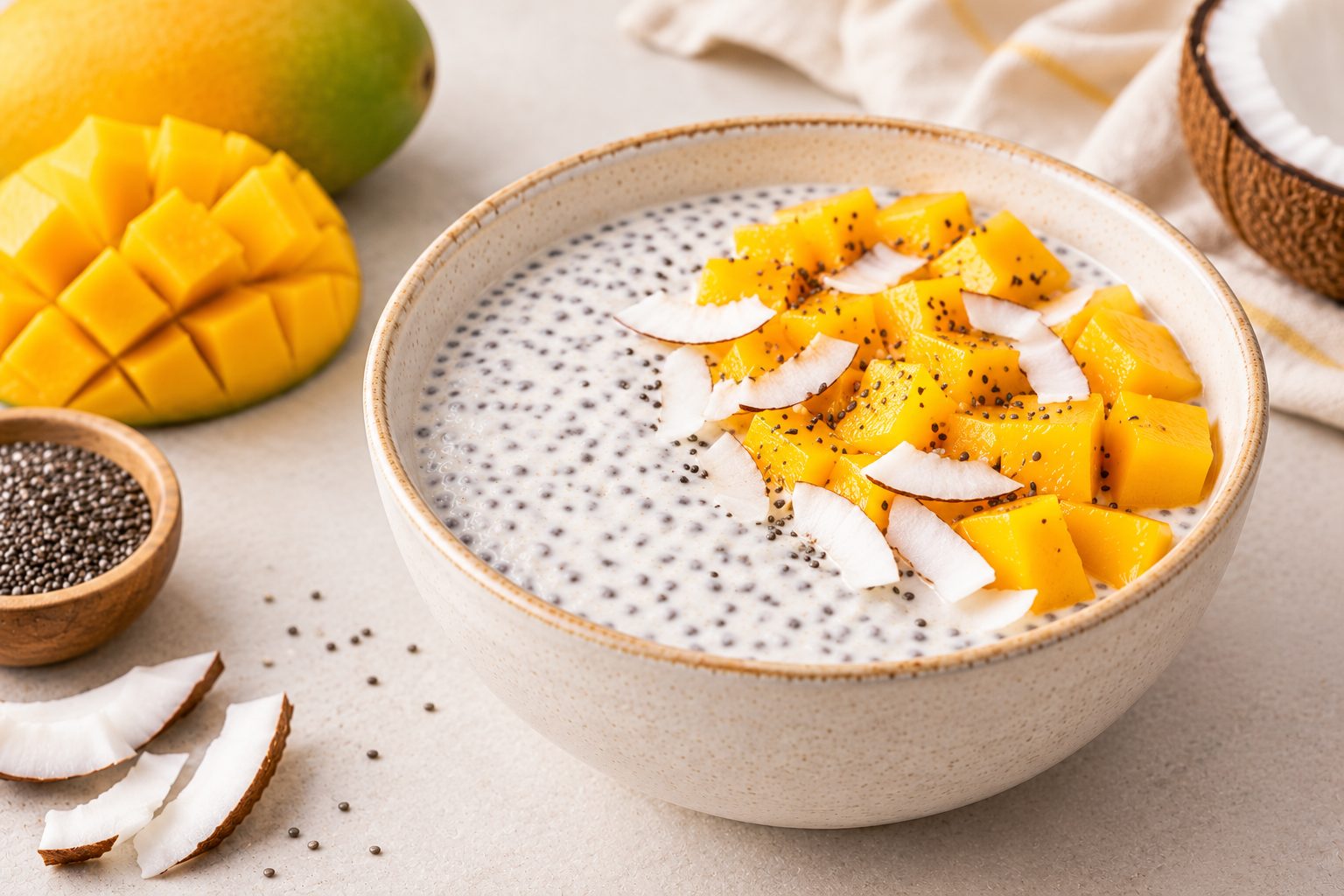 Mango coconut chia bowl finished with freeze dried mango