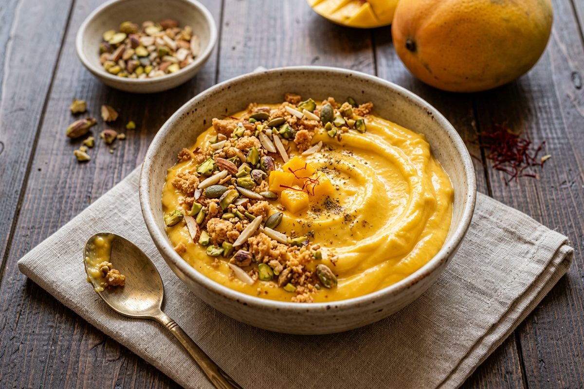 Mango shrikhand topped with nuts and crunchy freeze dried mango