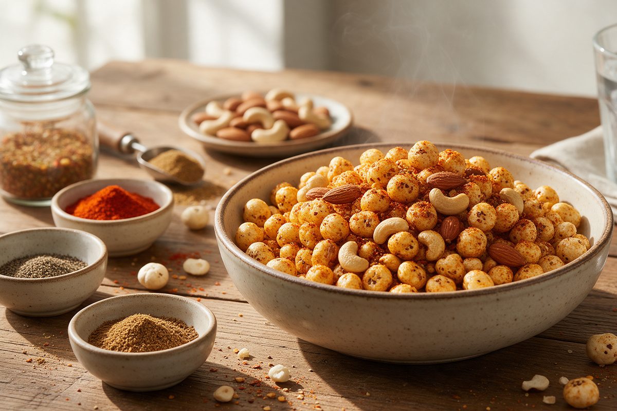Bowl of roasted masala makhana with cashews and almonds