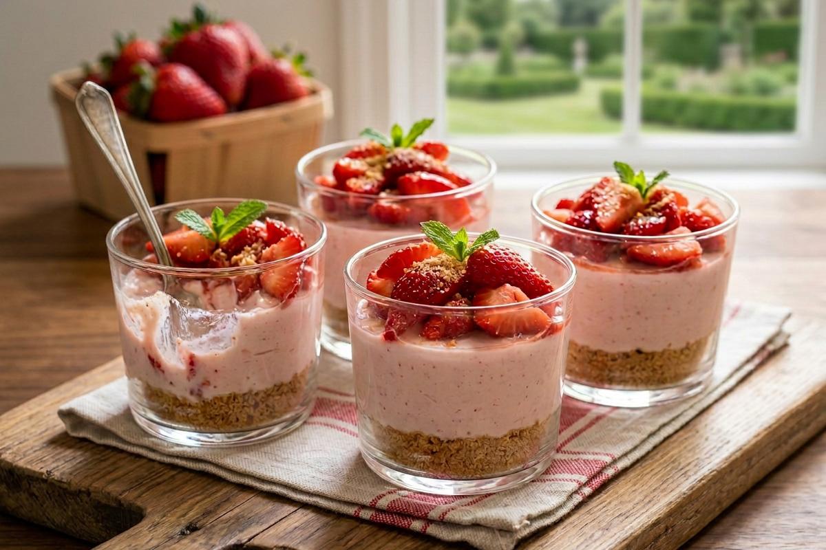 No-bake strawberry cheesecake cups topped with freeze dried strawberry slices