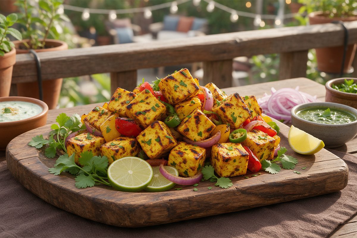 Paneer tikka bites with capsicum, onion, mint chutney and lemon wedges