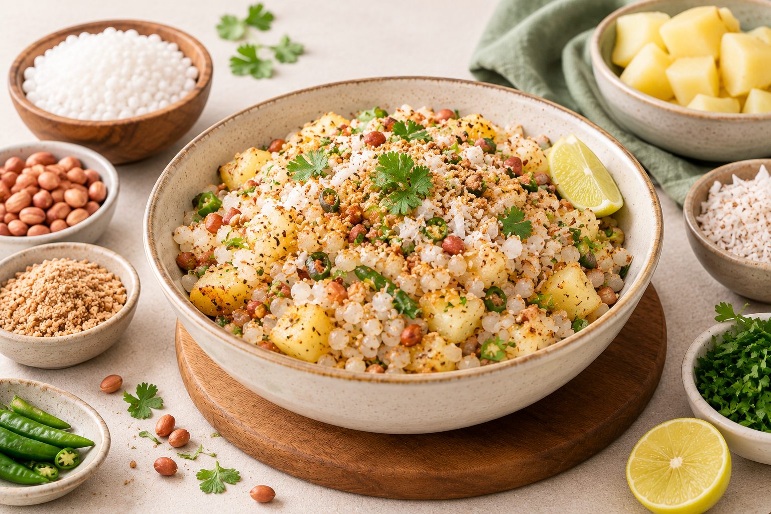 Sabudana khichdi with roasted peanut crunch, lemon and coconut