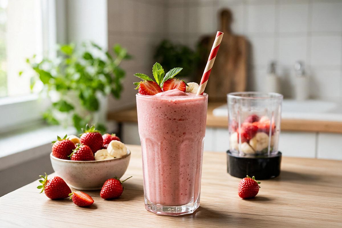 Strawberry banana smoothie made with crushed freeze dried strawberries