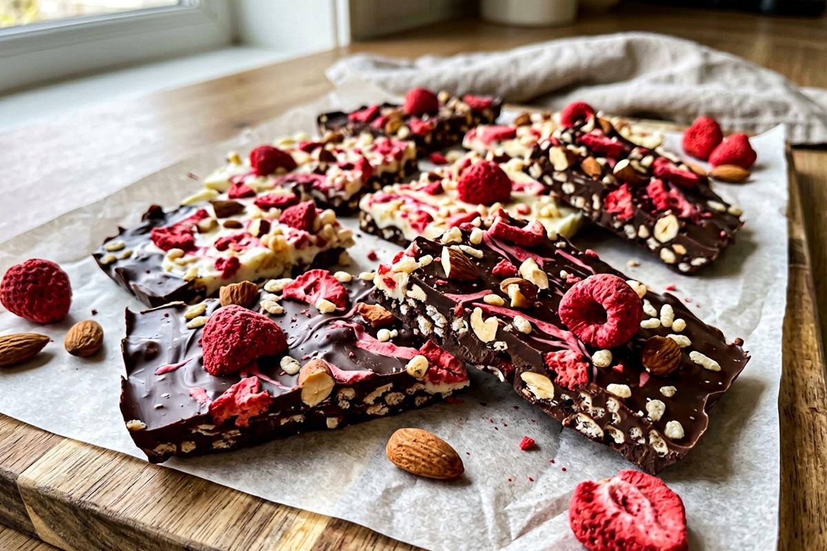Chocolate bark topped with crunchy freeze dried strawberry pieces and nuts