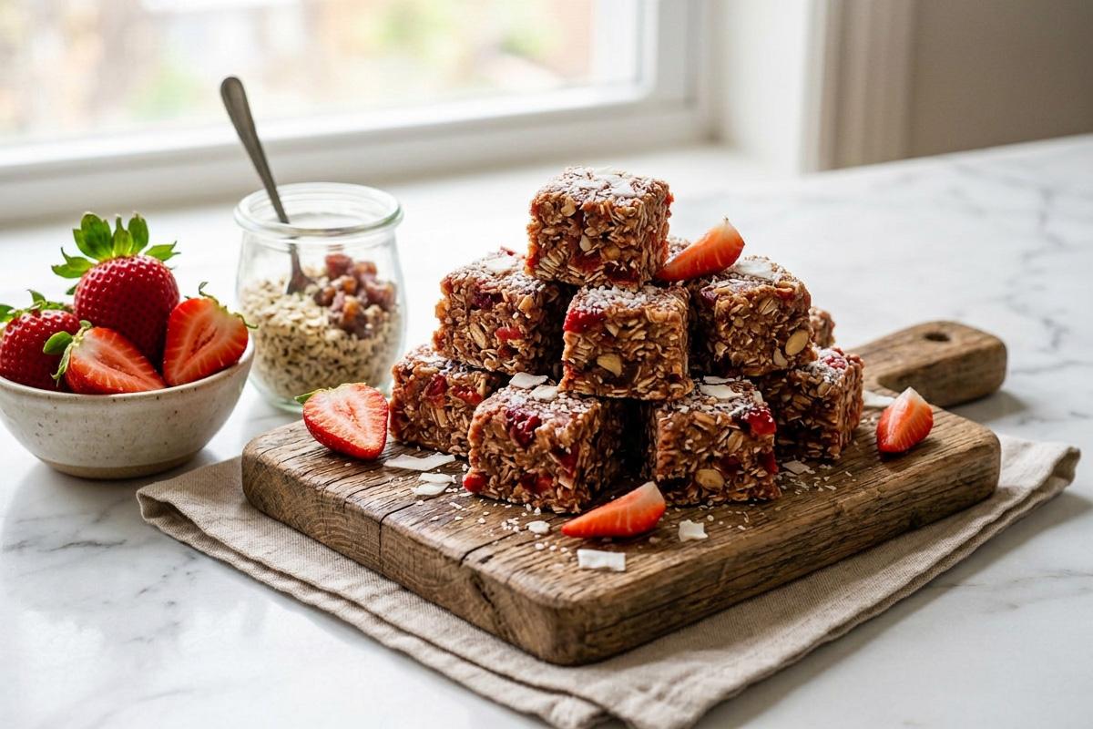Strawberry, date and oat energy bites rolled in crushed freeze dried strawberries