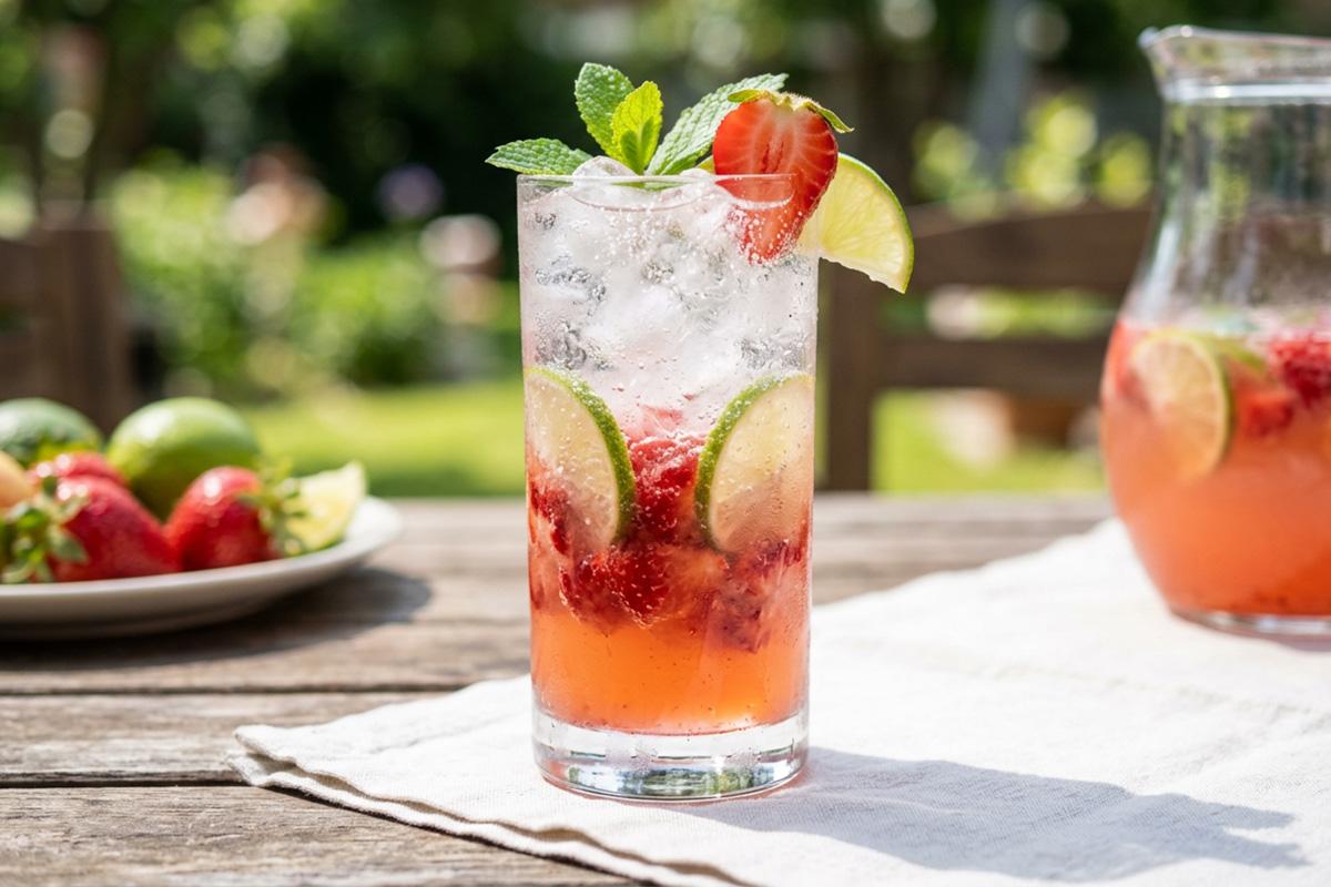 Refreshing strawberry lime cooler with ice and sparkling water