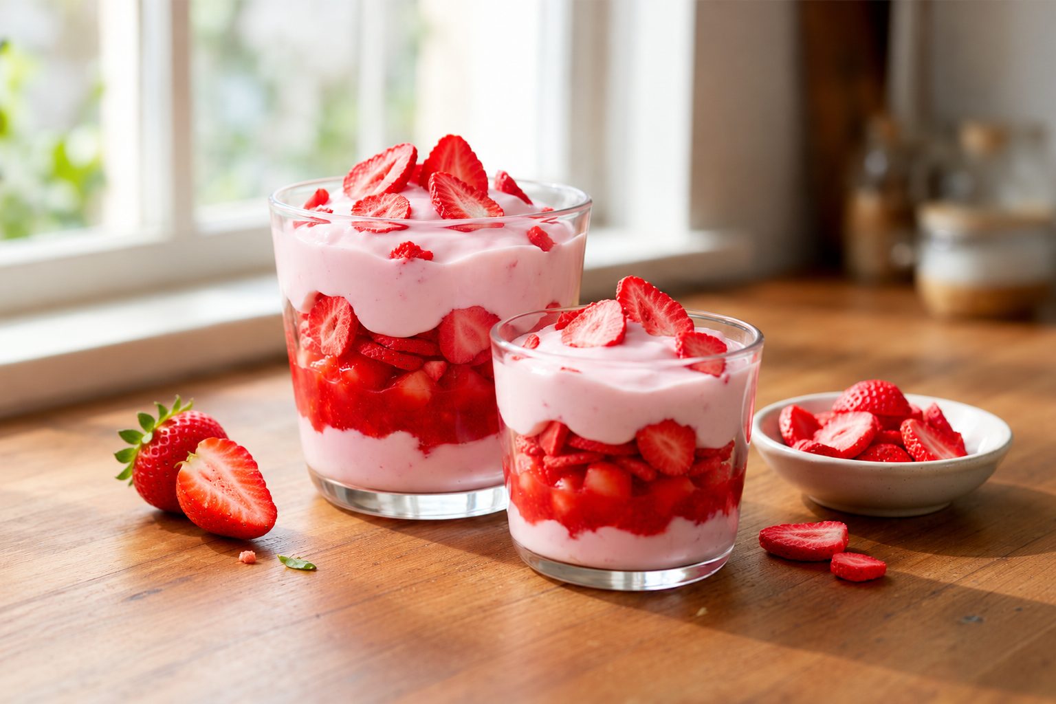 Strawberry yoghurt cups topped with freeze dried strawberry slices