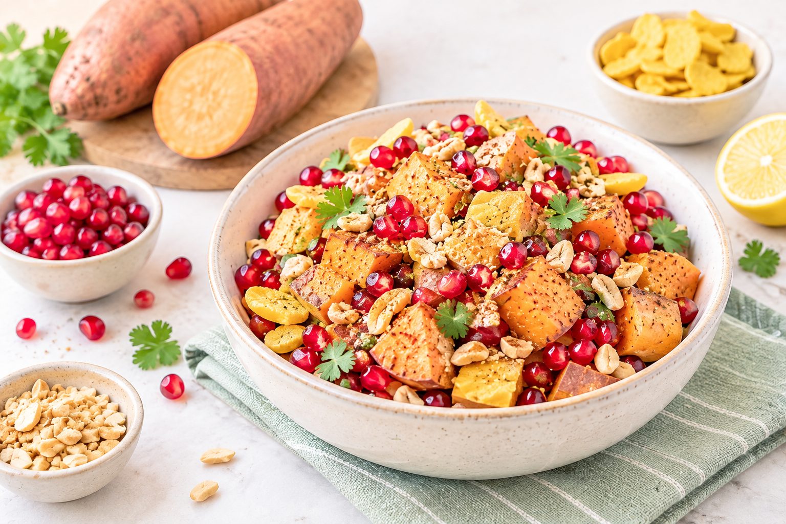 Sweet potato and pomegranate chaat with peanuts and freeze dried mango